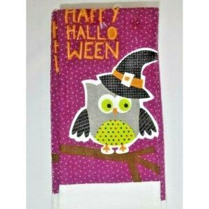 Happy Halloween Owl on Branch Kitchen Towels 2pc Black Hat Purple Gray Bird NEW